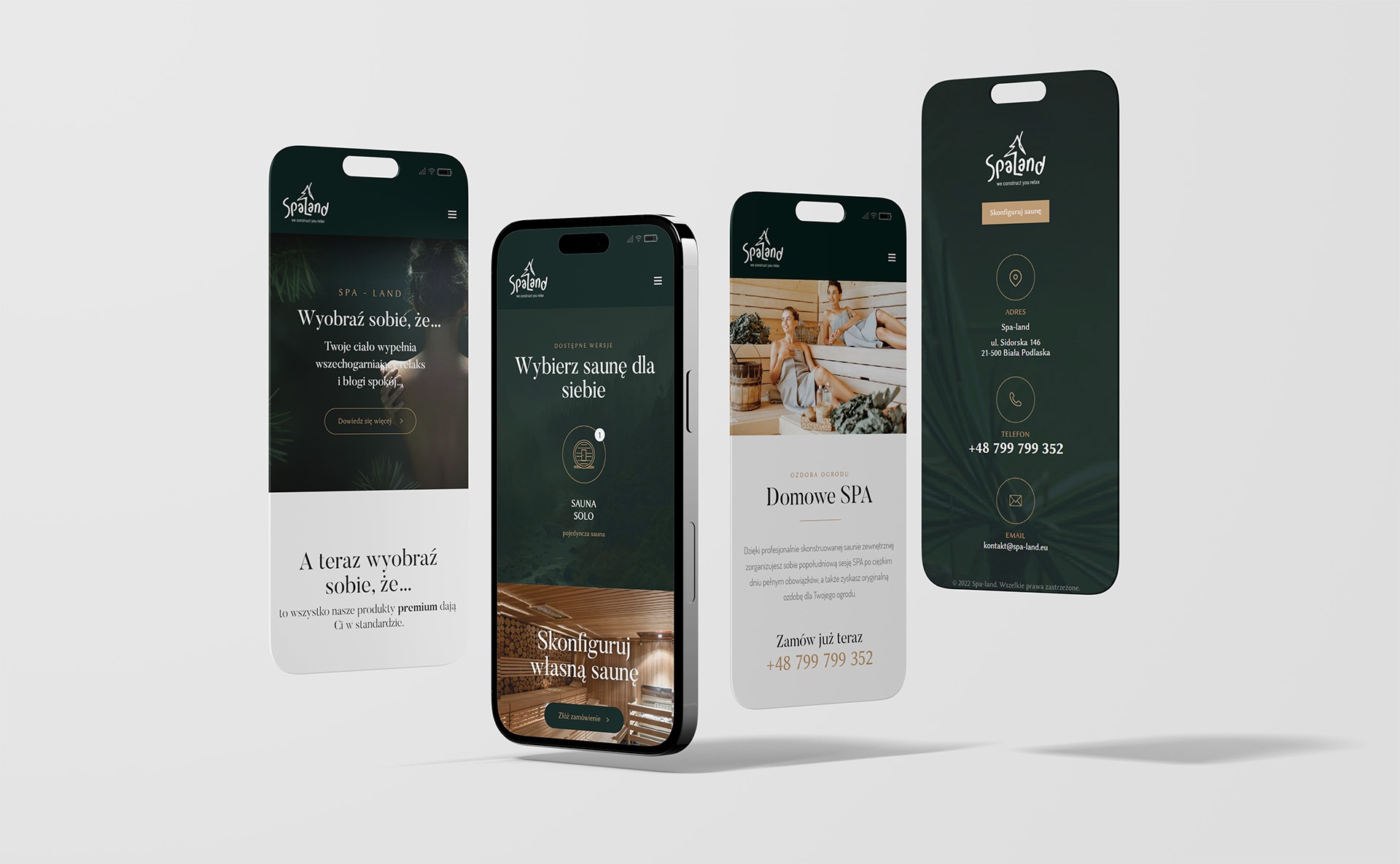 Prezentacja strony internetowej Spa-land na trzech smartfonach, ukazująca różne etapy konfiguracji sauny, z elementami graficznymi i tekstem w kolorystyce zieleni i bieli.