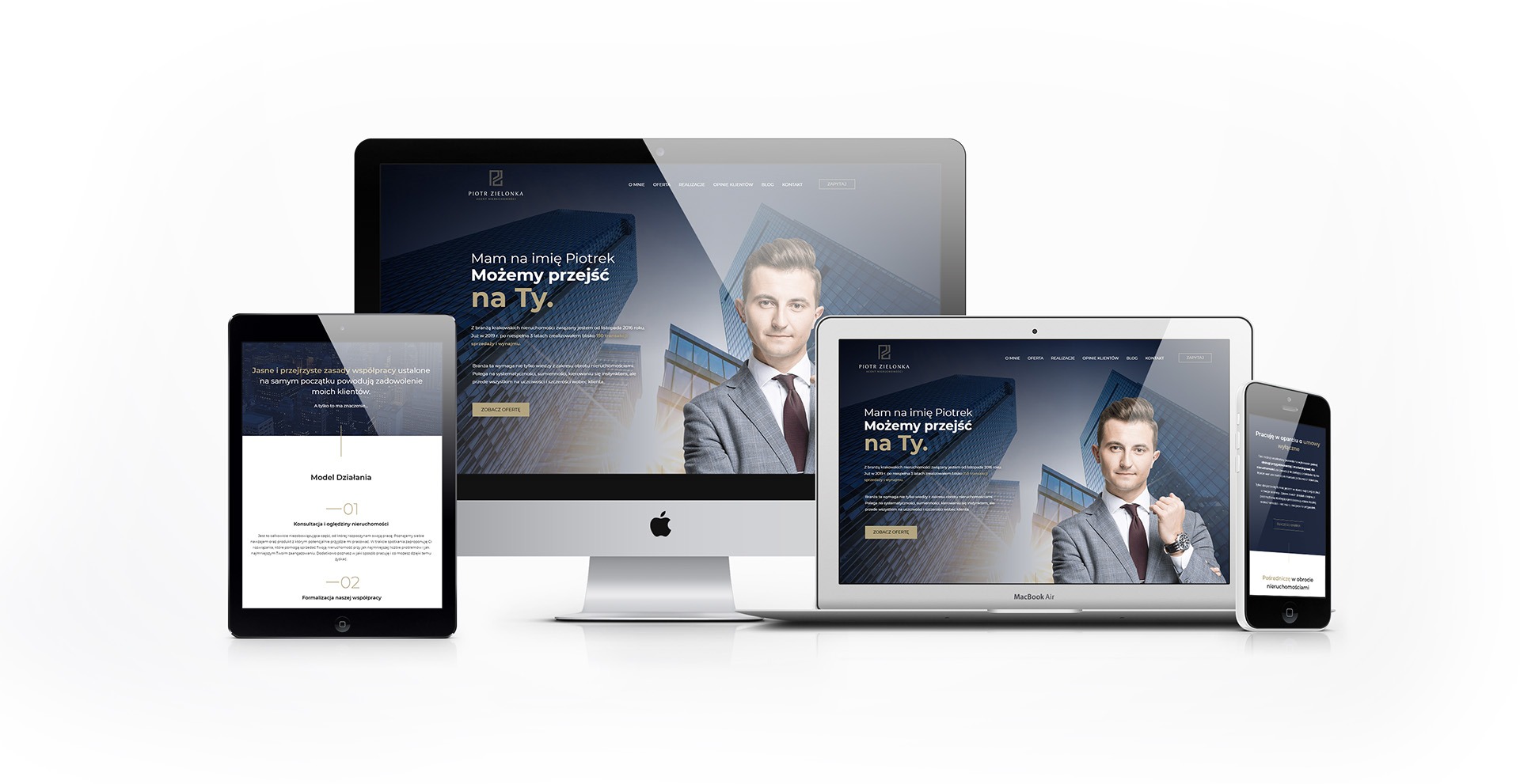 Responsywny projekt strony internetowej agenta nieruchomości Piotra Zielonki, wyświetlany na monitorze, laptopie, tablecie i smartfonie, na białym tle.