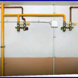 Żółte i miedziane rury gazowe oraz wodne, zawory z żółtymi uchwytami zamontowane na ścianie w pomieszczeniu.