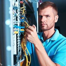 Mężczyzna w niebieskiej koszulce łączy kable w szafie serwerowej, skupiony wzrok skierowany w stronę kamery.