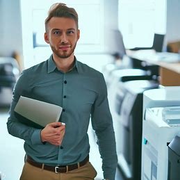 Młody mężczyzna w szarej koszuli i beżowych spodniach, trzymający pod pachą laptopa, stoi na tle biura z kserokopiarkami.