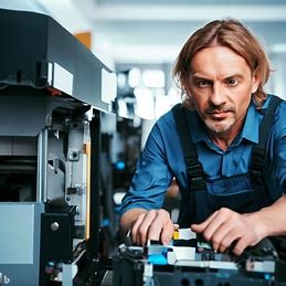 Mężczyzna w niebieskim kombinezonie naprawia skomplikowane urządzenie biurowe; widoczne elementy mechaniczne i elektroniczne, oświetlenie warsztatowe.