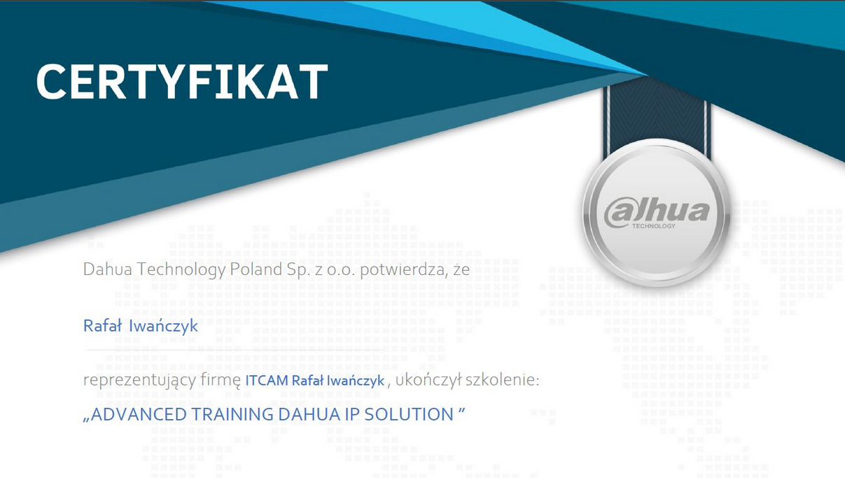 Skan certyfikatu ukończenia szkolenia z zakresu rozwiązań IP firmy Dahua, z widocznym logo Dahua Technology.