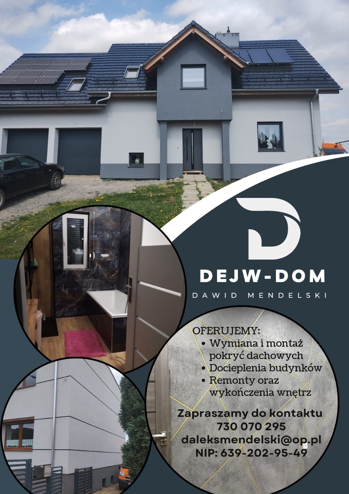 Elewacja domu po remoncie z panelami słonecznymi, fragment wykończonej łazienki i reklama firmy Dejw-Dom z ofertą wymiany dachów, dociepleń i remontów.