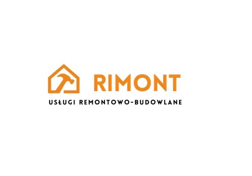 Pomarańczowe logo firmy remontowo-budowlanej RIMONT z ikoną domu i młotka na białym tle. Napis 'Usługi remontowo-budowlane' pod nazwą firmy.