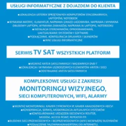 Plakat reklamowy firmy SMART-TECH Michała Karbowniczka oferującej usługi informatyczne, serwis TV SAT oraz monitoring wizyjny, sieci komputerowe, WiFi i alarmy, z podanym adresem, numerem telefonu...
