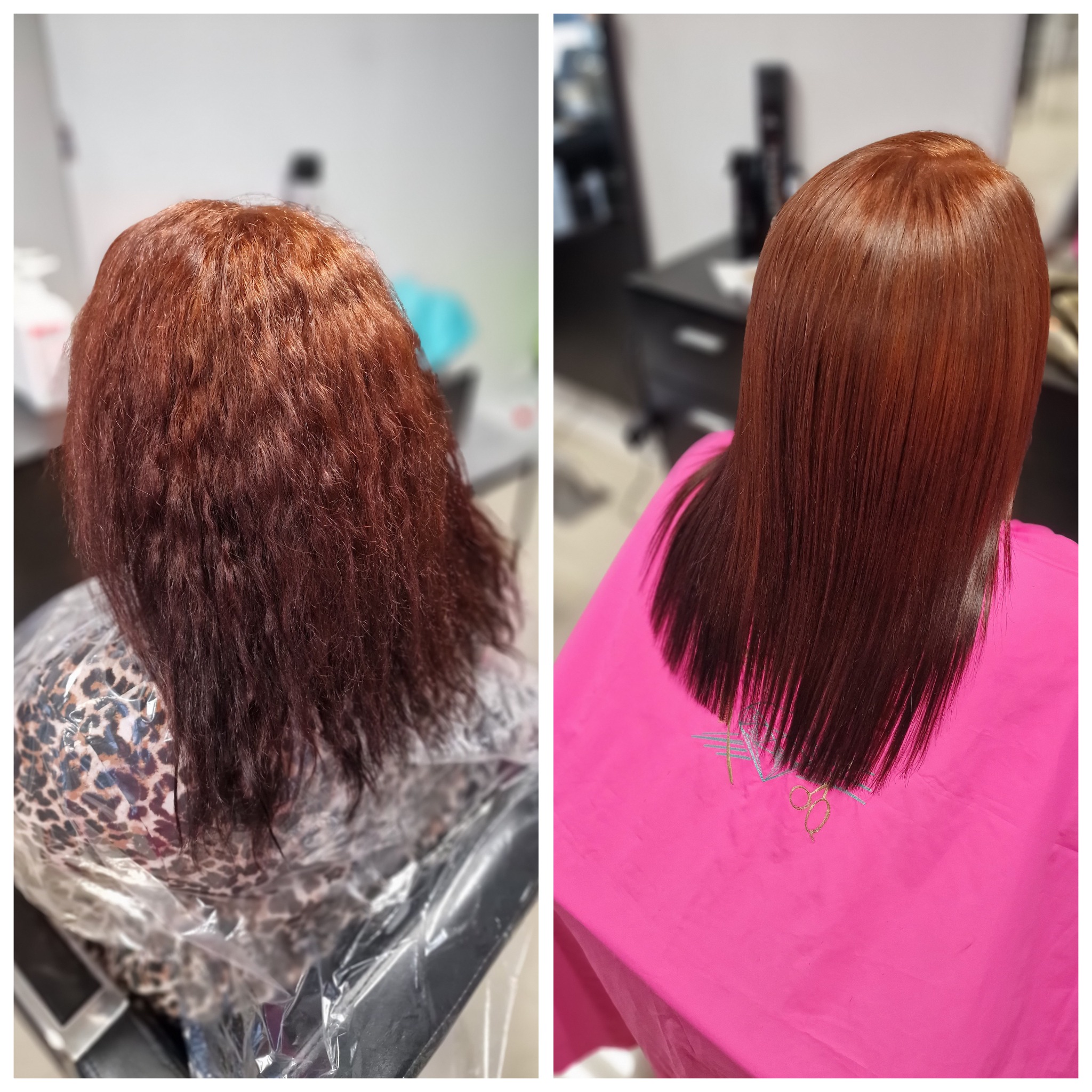 Porównanie: włosy rude przed i po prostowaniu keratynowym, widoczne różnice w strukturze i połysku.