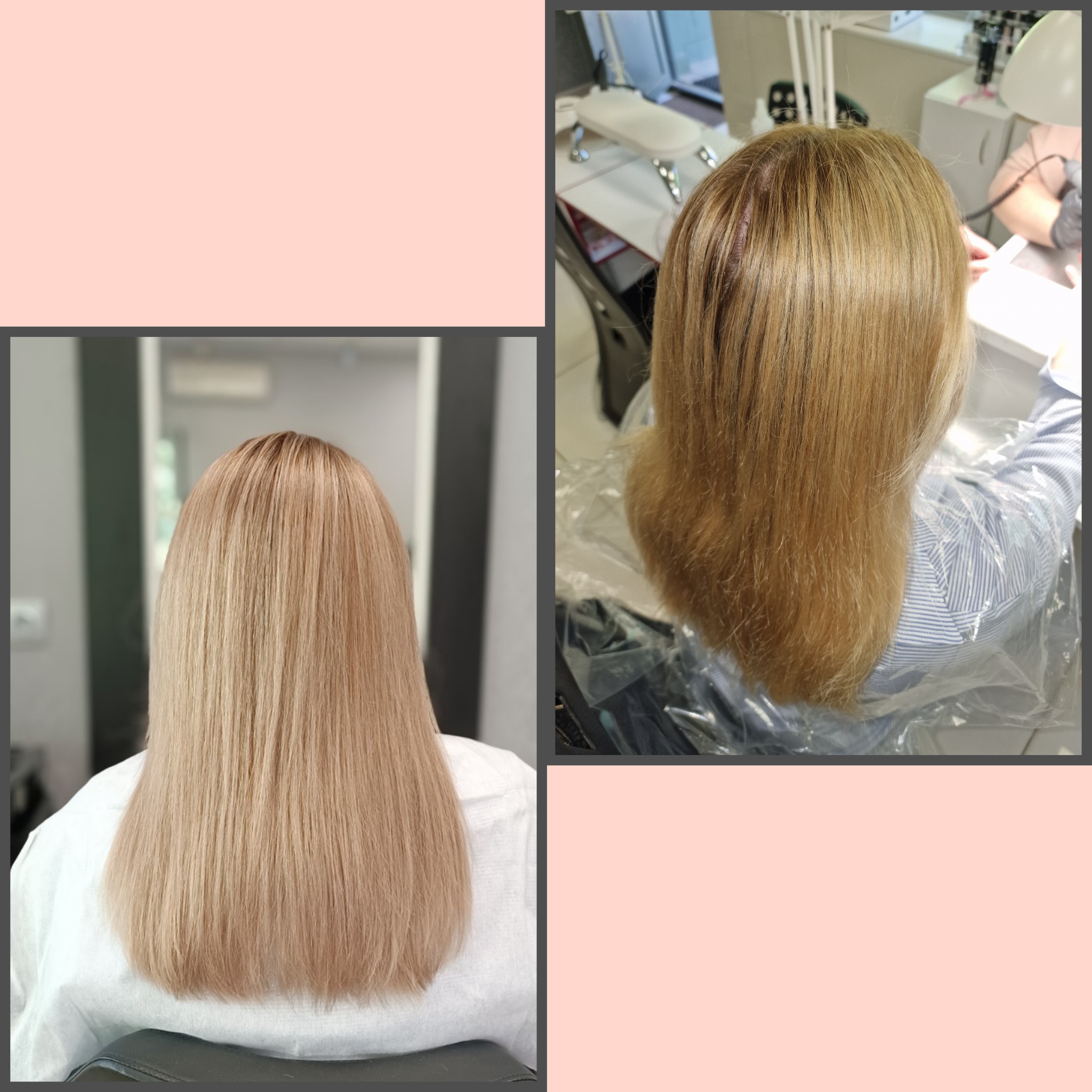 Dwa ujęcia włosów po koloryzacji na blond: widok z tyłu na gładkie, proste włosy oraz zbliżenie na włosy podczas zabiegu w folii ochronnej.