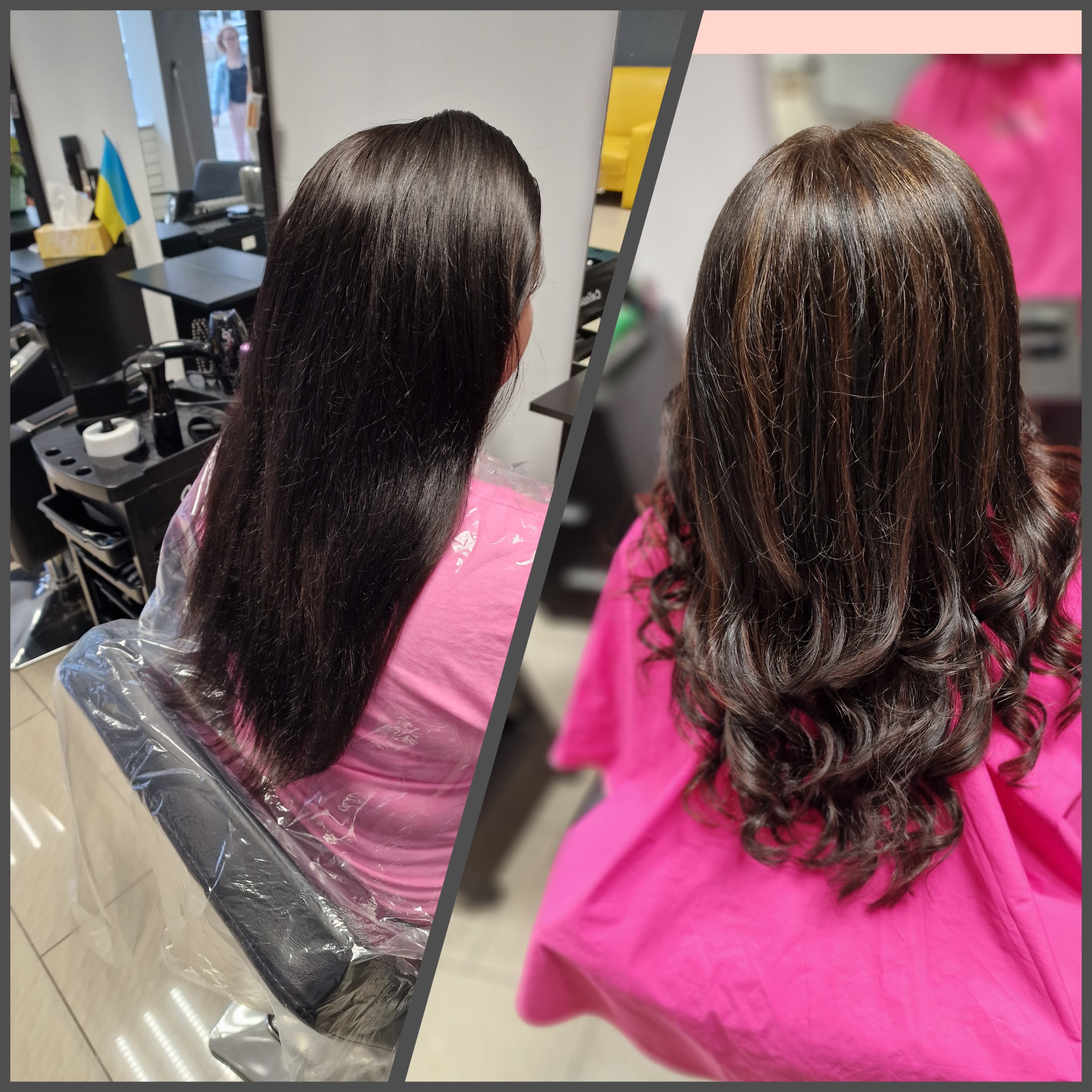 Koloryzacja włosów: porównanie przed i po z ciemnych, prostych włosów do brązowych, falowanych z refleksami, widoczne w salonie fryzjerskim na fotelu z peleryną ochronną.