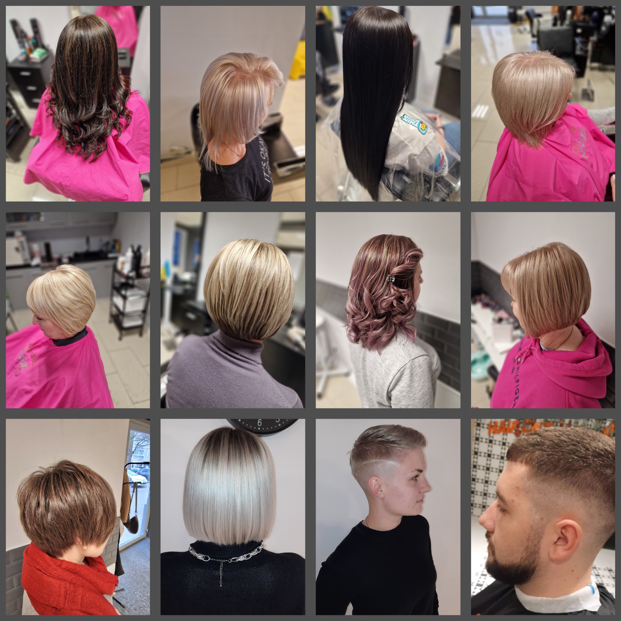 Kolaż prezentujący różne fryzury damskie i męskie: brązowe fale, blond bob, długie, lśniące czarne włosy, krótkie, cieniowane fryzury i modne męskie cięcie.