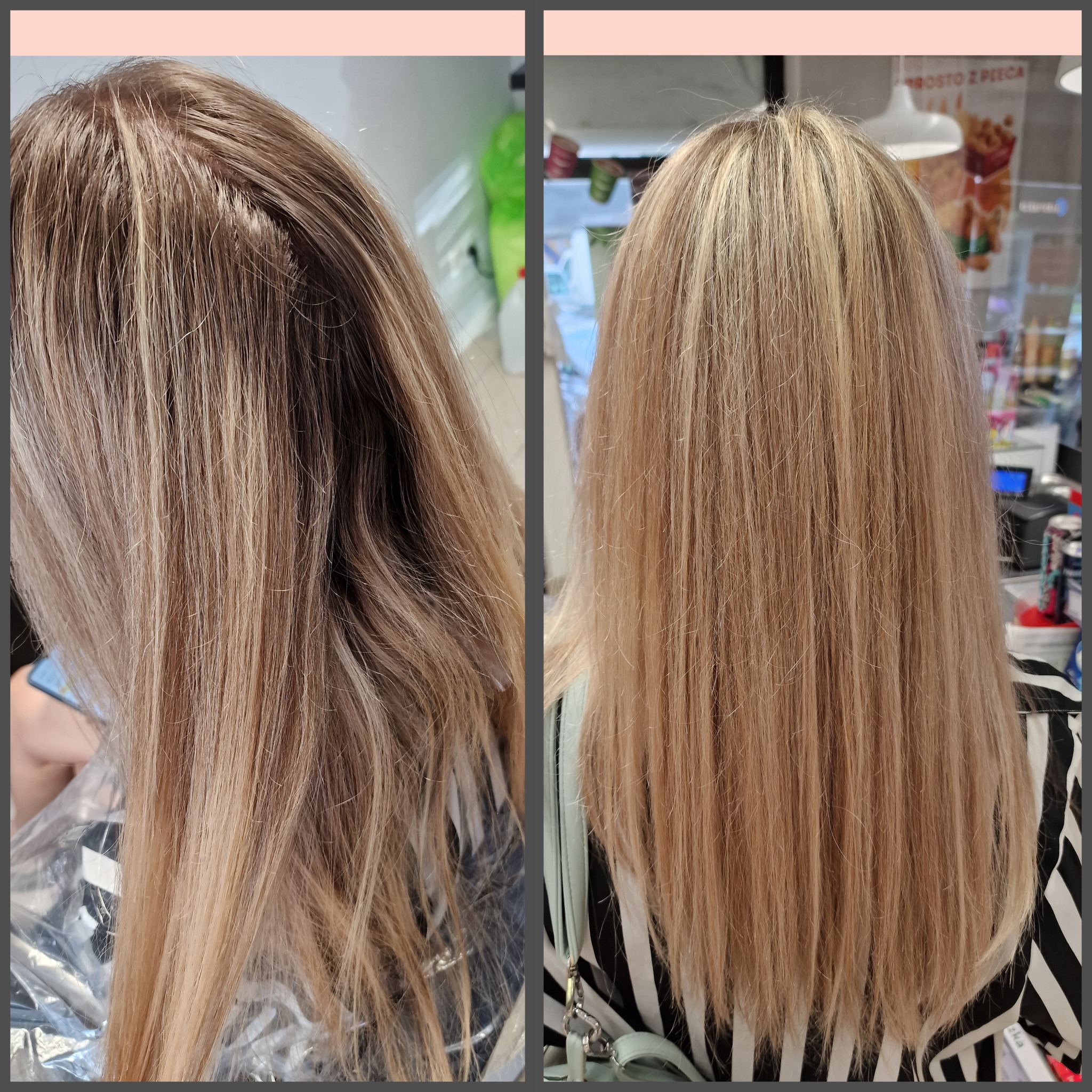 Porównanie koloryzacji włosów przed i po zabiegu: odrosty i ciemniejsze pasma przed, rozjaśnione i ujednolicone po. Widoczne refleksy i gładka struktura włosów po koloryzacji.