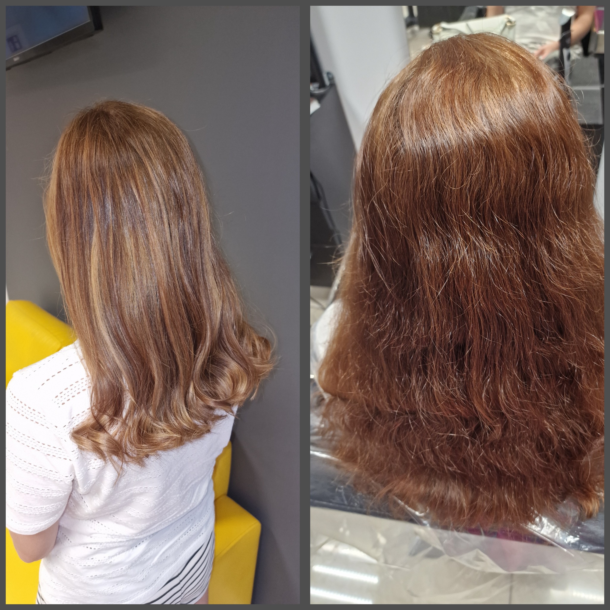 Dwa ujęcia włosów po koloryzacji i stylizacji: z boku z widocznymi blond refleksami i delikatnymi falami oraz z tyłu z widoczną strukturą włosów w odcieniach rudości.