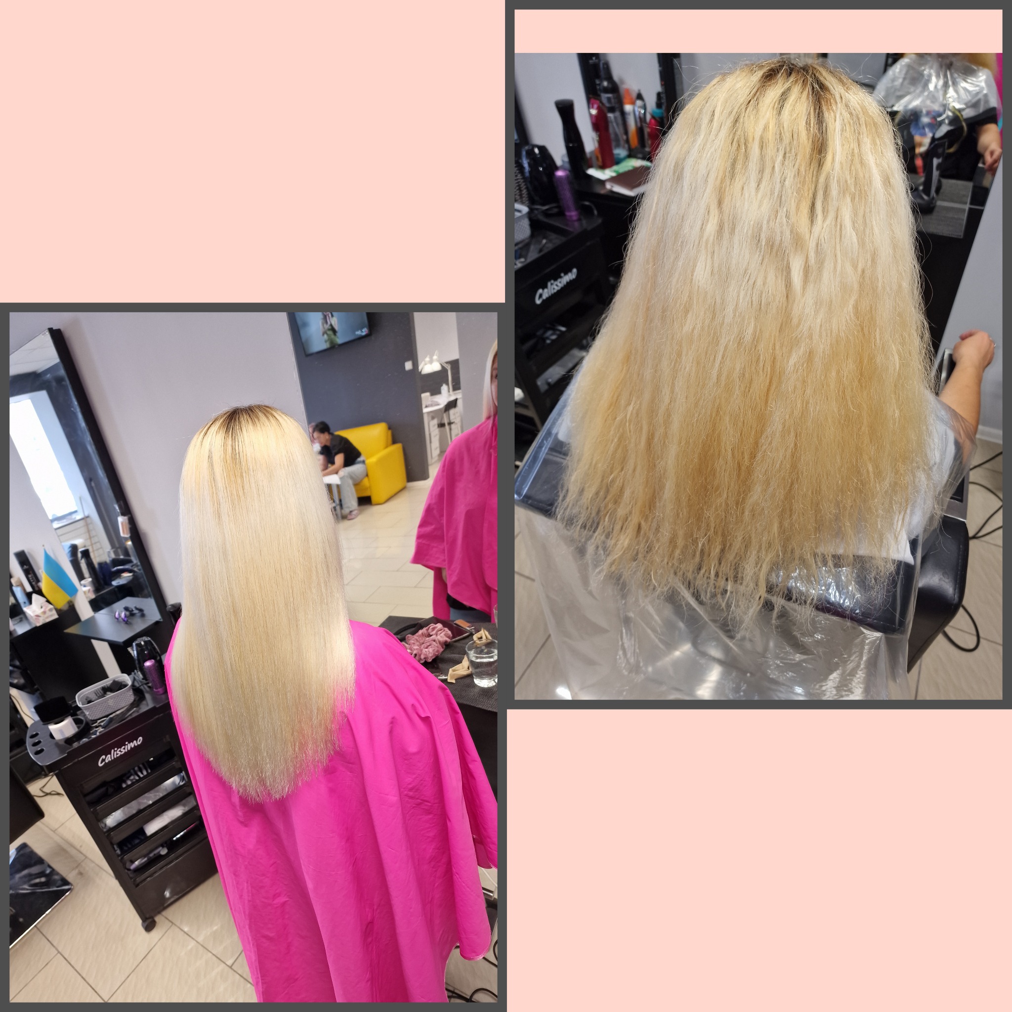 Dwa ujęcia włosów blond, przed i po zabiegu prostowania. Po lewej włosy proste, po prawej falowane z widocznymi odrostami. W tle salon fryzjerski z widocznym stanowiskiem i akcesoriami.
