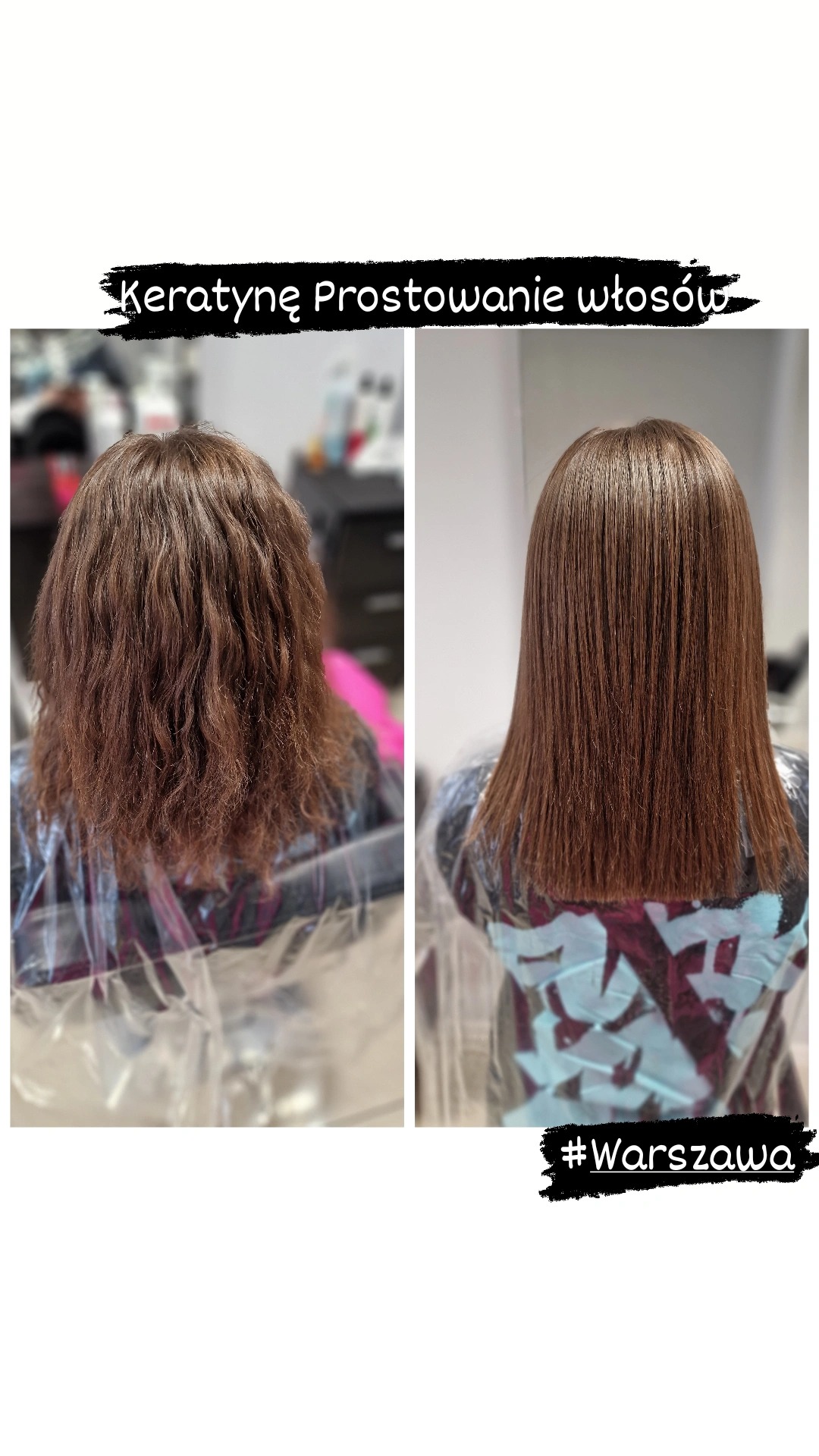 Efekt keratynowego prostowania włosów przed i po zabiegu, widoczny na włosach klientki w salonie w Warszawie. Włosy po prawej stronie są idealnie proste i lśniące.