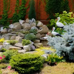 Ogród skalny z kaskadą kamieni, dekoracyjnymi figurkami bocianów, iglakami i różnorodną roślinnością na tle ceglanego muru.