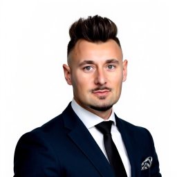 Doradztwo Restrukturyzacyjne KANCELARIA PRAWNA BIEDRZYCKI I PARTNERZY - Portret mężczyzny w granatowym garniturze i czarnym krawacie na białym tle. Uczesanie z wysoko postawionymi włosami. Profesjonalny wizerunek.