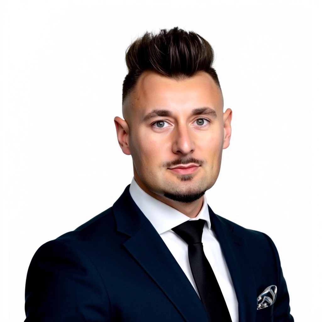 Portret mężczyzny w granatowym garniturze i czarnym krawacie na białym tle. Uczesanie z wysoko postawionymi włosami. Profesjonalny wizerunek.