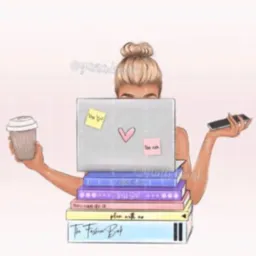 Ilustracja kobiety z blond kokiem, pracującej na laptopie z notatkami, trzymającej kawę i telefon, z laptopem opartym na stosie książek.