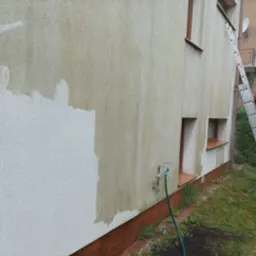 Mężczyzna na drabinie czyści elewację domu myjką ciśnieniową, widoczny fragment umytej i nieumytej ściany, z zielonym wężem ogrodowym i kranem na pierwszym planie.