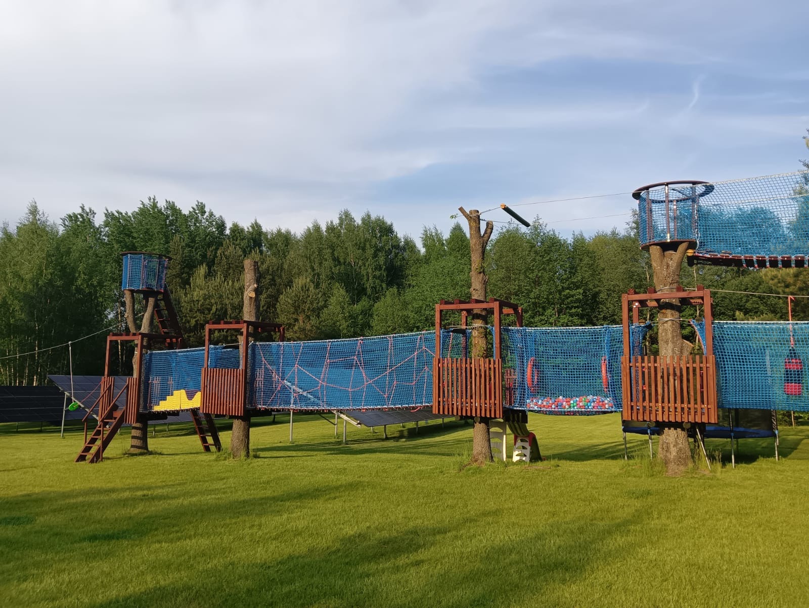 Rozległy park linowy z drewnianymi platformami osadzonymi na drzewach, połączonymi siatkami i mostami linowymi, na tle zielonego trawnika i lasu.