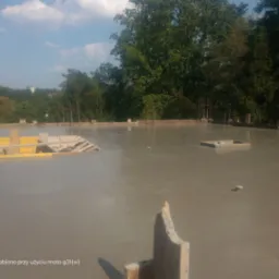 Wylany, świeży beton na stropie budynku w trakcie budowy, widoczne zbrojenia i szalunki, w tle zieleń drzew i fragment zabudowy.