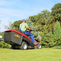 Zielony Zakątek - Operator kosiarki samojezdnej Wolf Garten na trawniku, w tle różnorodne drzewa iglaste i liściaste, błękitne niebo.