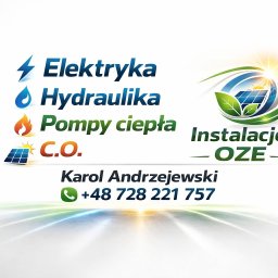 Logo firmy instalacyjnej: Elektryka, Hydraulika, Pompy ciepła, C.O., Instalacje OZE. Kontakt: Karol Andrzejewski, +48 728 221 757.