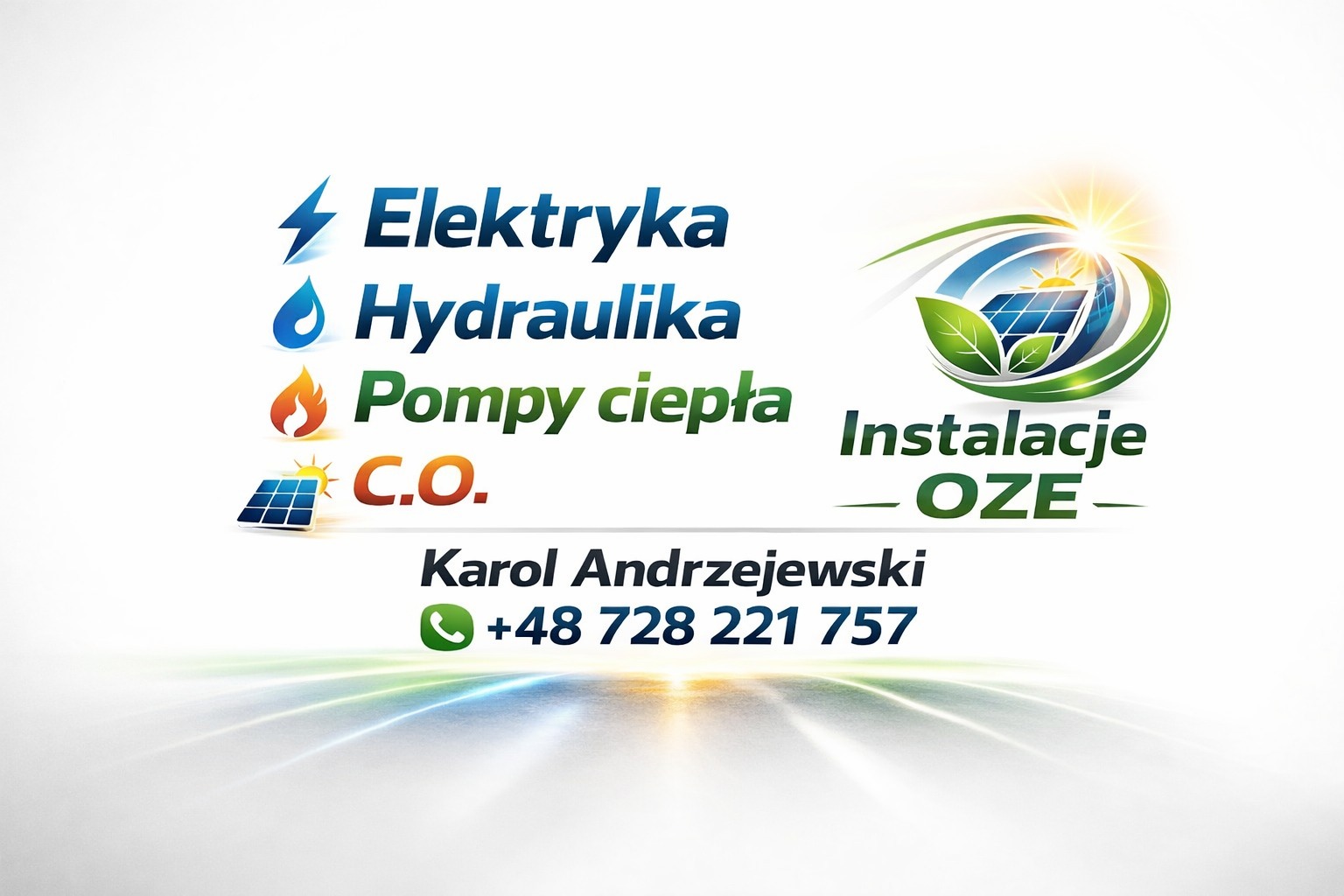 Logo firmy instalacyjnej: Elektryka, Hydraulika, Pompy ciepła, C.O., Instalacje OZE. Kontakt: Karol Andrzejewski, +48 728 221 757.