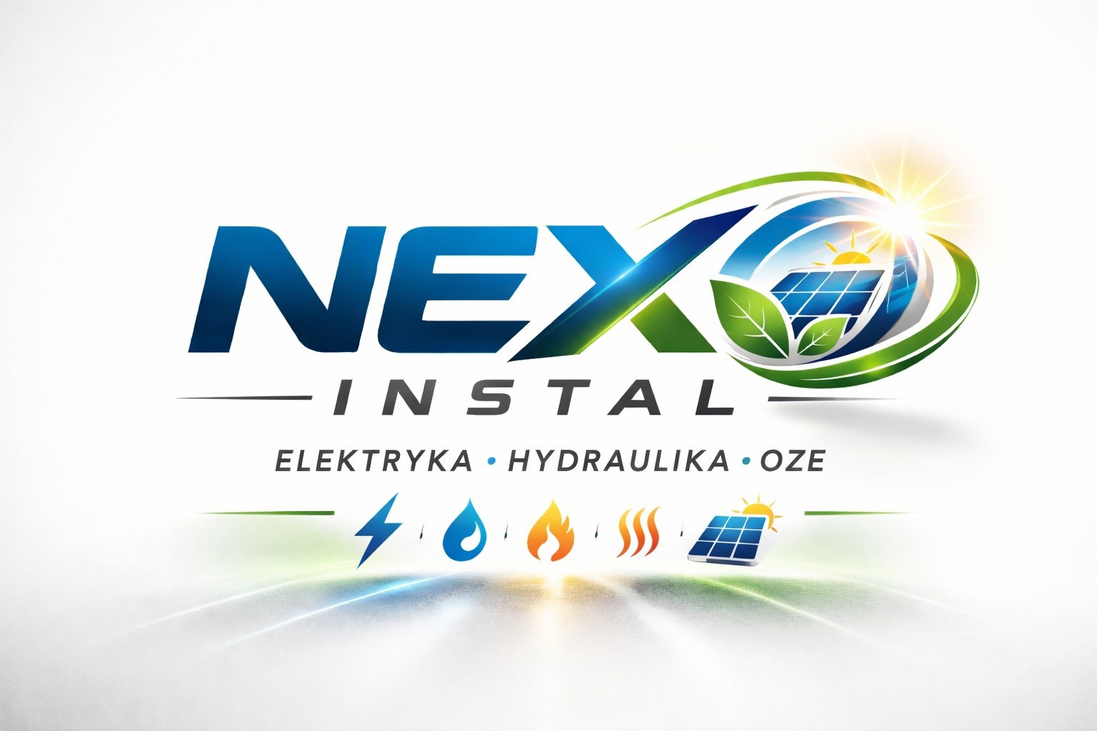 Graficzne logo firmy NEX INSTAL z ikonami: błyskawica, kropla, płomień, grzejnik i panel słoneczny. Oferta: elektryka, hydraulika, OZE. Nowoczesny design, jasne tło.
