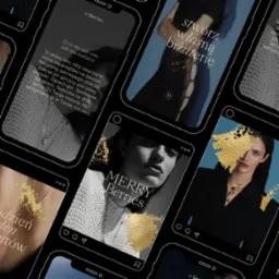 Ekrany smartfonów prezentujące wizualizacje postów w mediach społecznościowych z ofertą biżuterii, złote akcenty graficzne, minimalistyczny design.