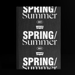Justyna Bielecka - Katalog Levi's Spring/Summer 2021 na czarnym tle, prezentujący minimalistyczną typografię i logo marki.