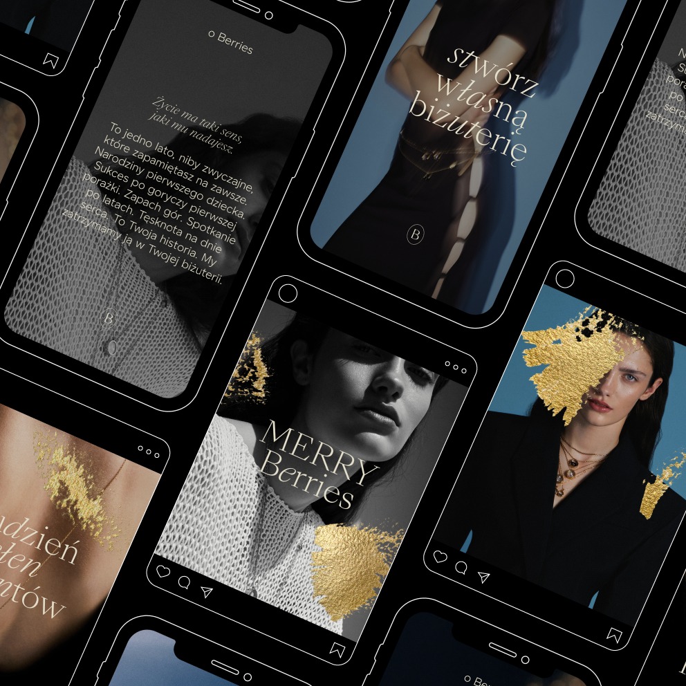 Ekrany smartfonów prezentujące wizualizacje postów w mediach społecznościowych z ofertą biżuterii, złote akcenty graficzne, minimalistyczny design.
