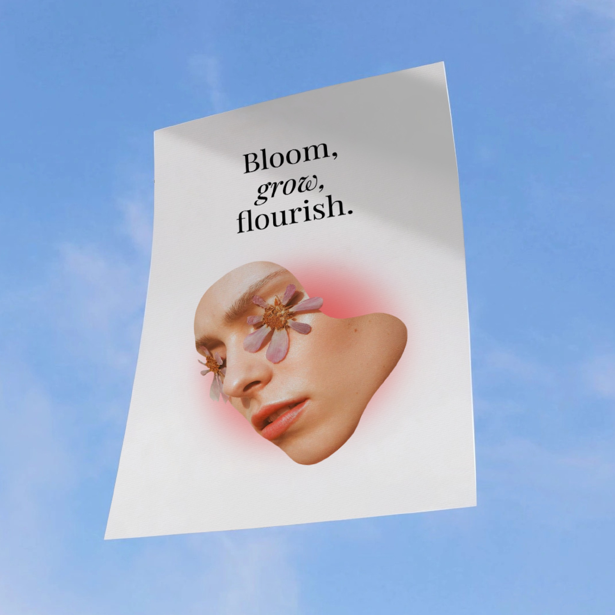 Koncepcyjna reklama w Warszawie: Twarz kobiety z kwiatami zamiast oczu, umieszczona na białej planszy z napisem 'Bloom, grow, flourish.', na tle błękitnego nieba.