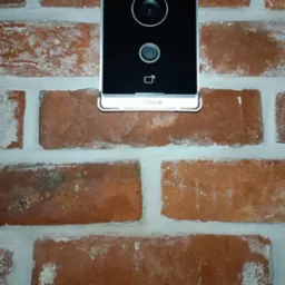 Czarny wideodomofon Dahua zamontowany na ścianie z czerwonej cegły z fugami wypełnionymi białą zaprawą.