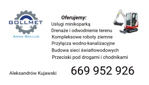 Wizytówka firmy Gollmet z usługami minikoparką, drenażem, robotami ziemnymi, przyłączami, budową sieci światłowodowych i przeciskami. Kontakt: 669 952 926.