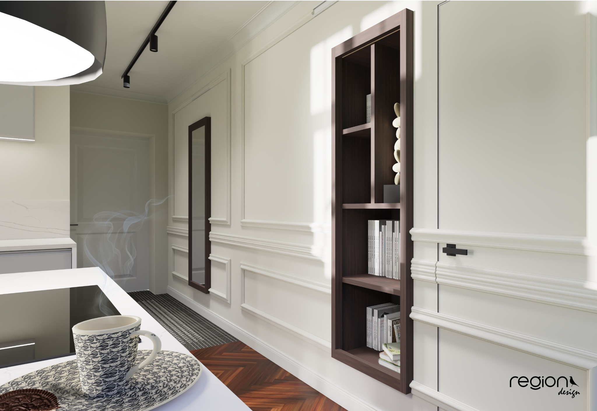 Wnętrze z elementami klasycznej elegancji: białe ściany z dekoracyjnymi listwami, wbudowany regał z ciemnego drewna z książkami i ozdobami, parkiet w jodełkę oraz filiżanka kawy i ciastko na blacie...