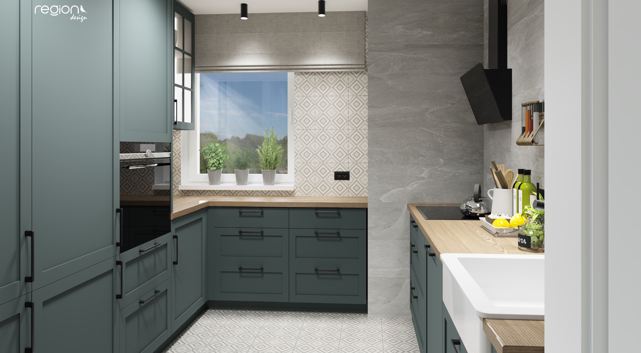 Wizualizacja kuchni w kamienicy z zielonymi szafkami, drewnianym blatem i wzorzystymi płytkami na ścianie nad blatem oraz na podłodze, widok na okno z roślinami.