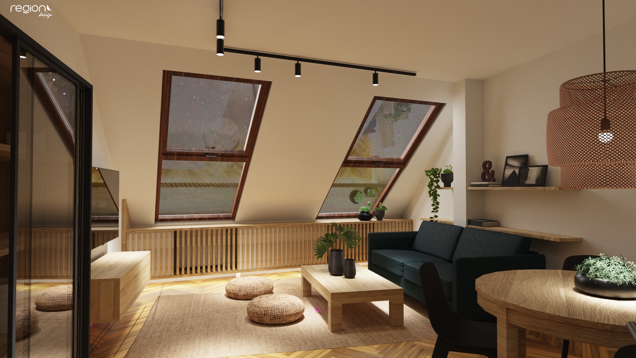 Wizualizacja salonu na poddaszu z dwoma oknami dachowymi, drewnianą podłogą w jodełkę, niskimi pufami i ciemnozieloną sofą.