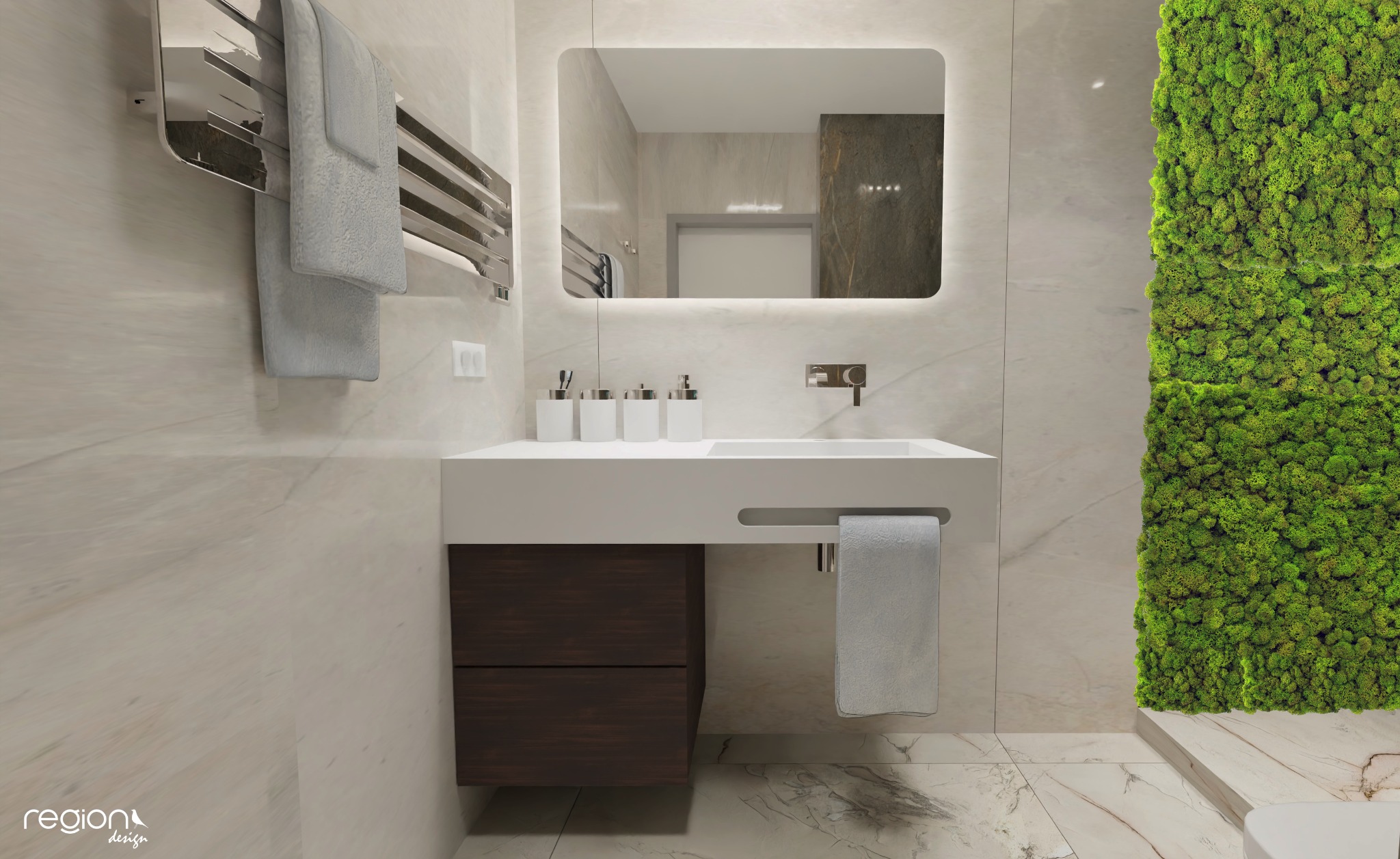 Nowoczesna łazienka z białą umywalką nablatową, podświetlanym lustrem, ścianą z mchu i brązową szafką pod umywalką.