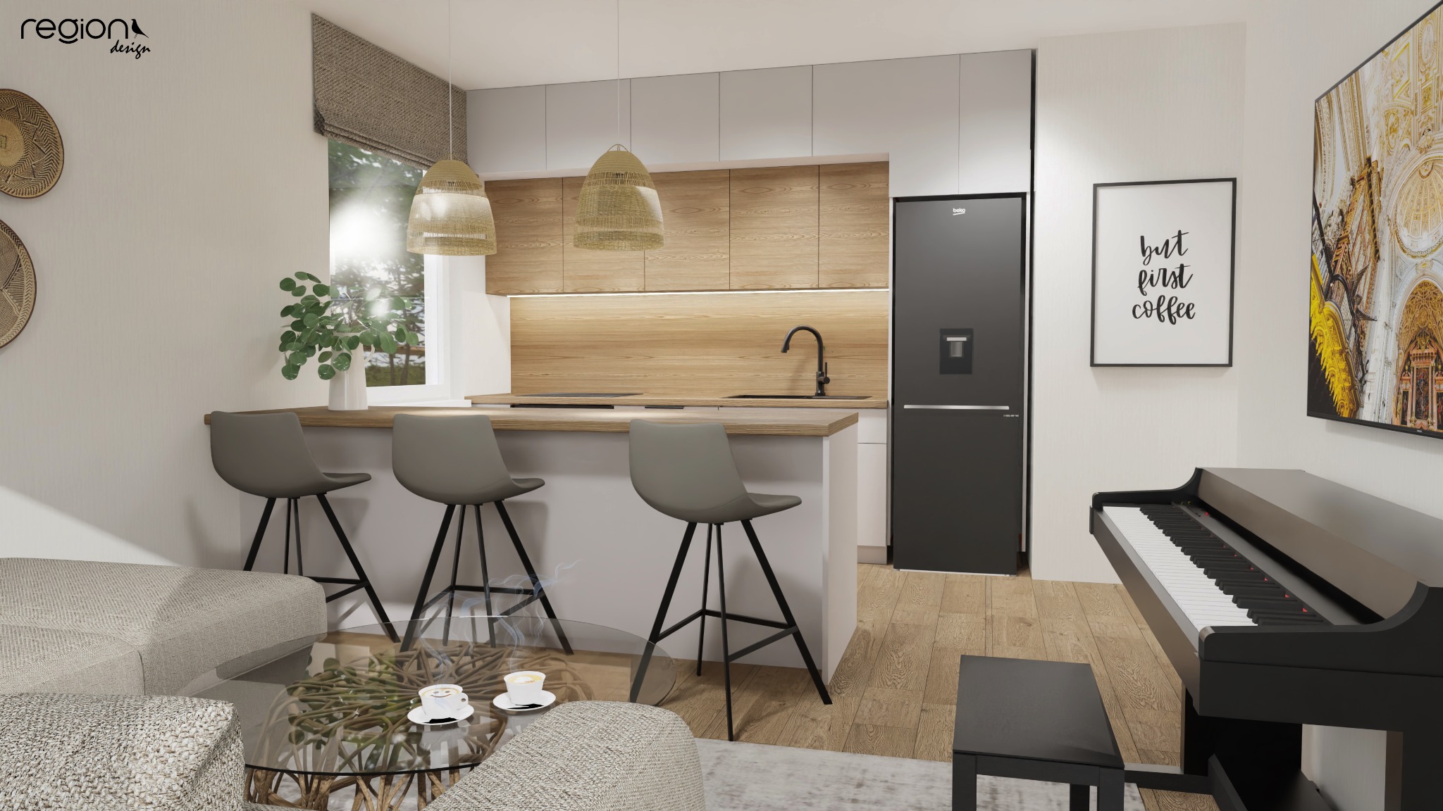 Wizualizacja salonu z aneksem kuchennym: wyspa z hokerami, drewniane fronty szafek, czarna lodówka, pianino i stolik kawowy z filiżankami.
