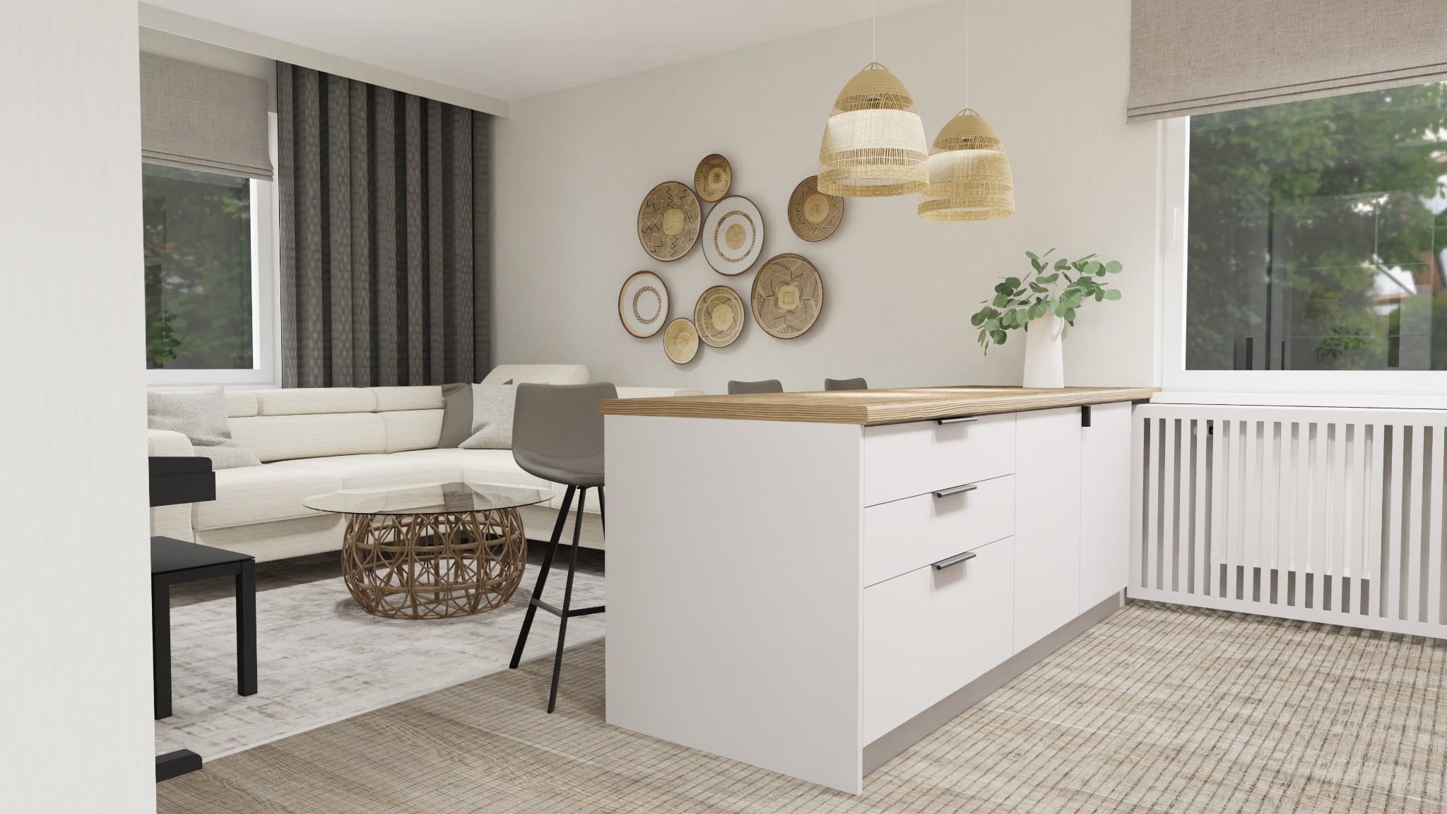 Jasne wnętrze mieszkania z otwartą kuchnią, białymi meblami kuchennymi z drewnianym blatem, wiszącymi lampami z wikliny, ścianą ozdobioną plecionymi talerzami, szarą sofą i okrągłym stolikiem...