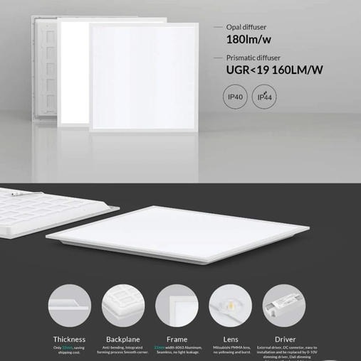 Prezentacja kwadratowych paneli LED z opalowym i pryzmatycznym dyfuzorem, widoczne specyfikacje techniczne, takie jak moc światła i stopień ochrony IP.