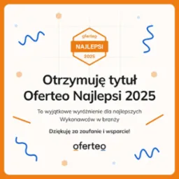 Grafika z logo Oferteo Najlepsi 2025, informująca o otrzymaniu tytułu. Pomarańczowe tło, niebieskie zygzaki i kropki. Podziękowanie za zaufanie i wsparcie.
