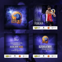 Grafika z plakatem informującym o turnieju siatkówki plażowej 'Young Seals BVT', z wizerunkiem zawodnika Daniela Fijałki i logo turnieju z motywem foki, a także podziękowaniami za sezon 2019...