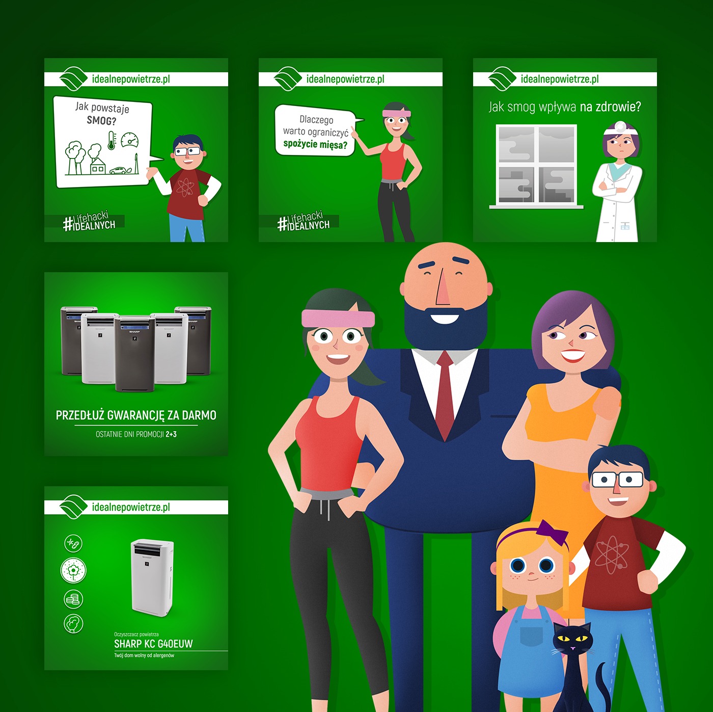 Ilustracja przedstawiająca rodzinę na zielonym tle, otoczoną grafikami informującymi o zaletach oczyszczonego powietrza, w tym o wpływie smogu i korzyściach z ograniczenia spożycia mięsa,...