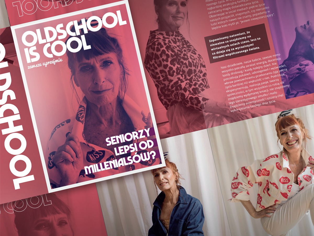 Rozłożone okładki magazynu z sesją zdjęciową starszych kobiet, z hasłem 'Oldschool is cool. Seniorzy lepsi od millenialsów?'