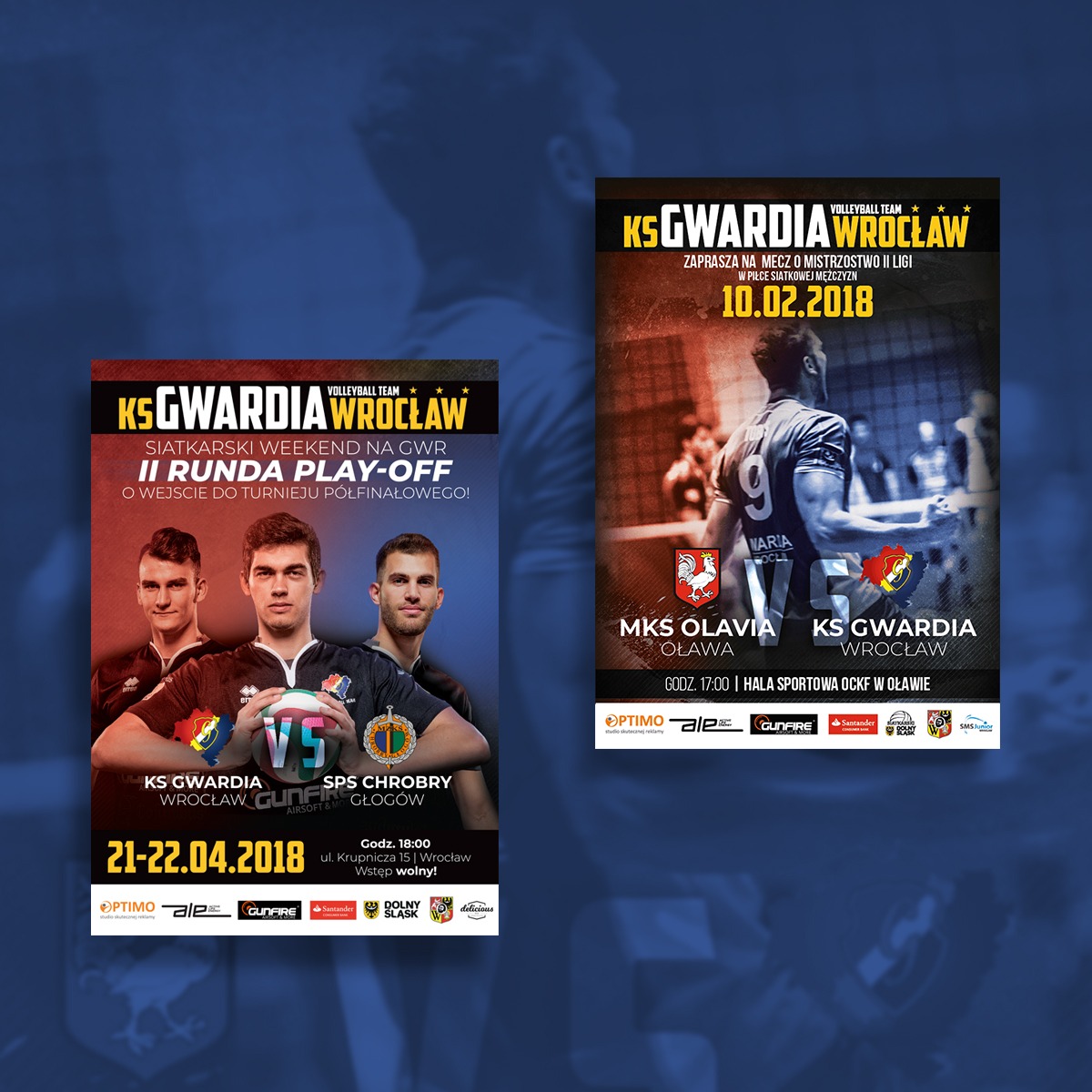 Dwa plakaty promujące mecze siatkarskie drużyny KS Gwardia Wrocław, z datami 21-22.04.2018 i 10.02.2018, zawierające zdjęcia zawodników i informacje o sponsorach.