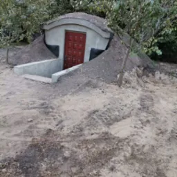 Betonowy schron ziemny z czerwoną, wzorzystą, drewnianą bramą wejściową, częściowo zakopany w ziemi, z betonowymi schodami prowadzącymi do wejścia, widoczne ślady opon na ziemi.