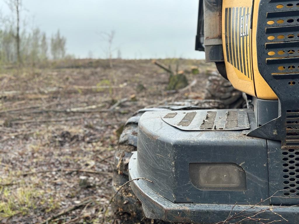 Żółto-czarna maszyna do obróbki drewna na tle wykarczowanego terenu z pozostałościami pni drzew.