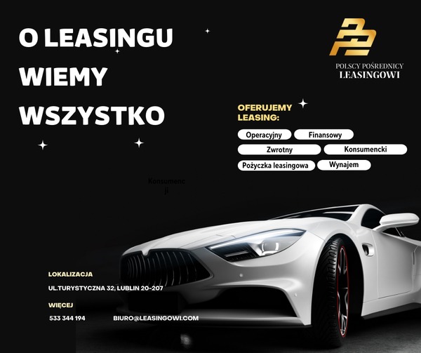 Grafika reklamowa: biały samochód na czarnym tle, logo 'Polscy Pośrednicy Leasingowi', informacje o ofercie leasingu operacyjnego, finansowego, zwrotnego, konsumenckiego, pożyczki leasingowej...